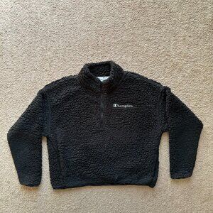 Champion Sweater Womens Medium Cropped 1/4 Zip Mock Neck High Pile Black